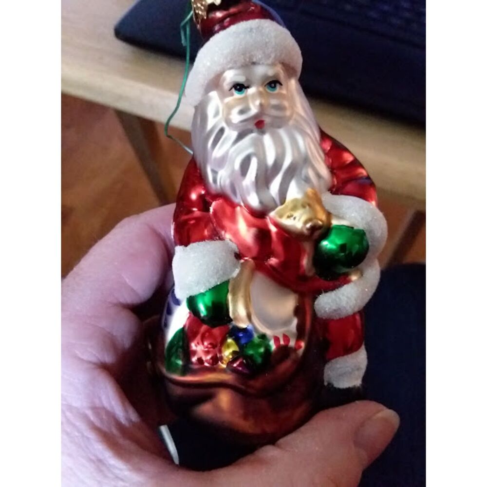 Glass 4" Santa Claus Holding Toy Bag  Ornament Red and White Robe and Hat